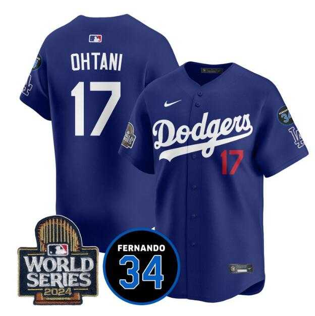 Mens Los Angeles Dodgers #17 Shohei Ohtani Royal 2024 World Series With Fernando Memorial Patch Limited Stitched Jersey Dzhi